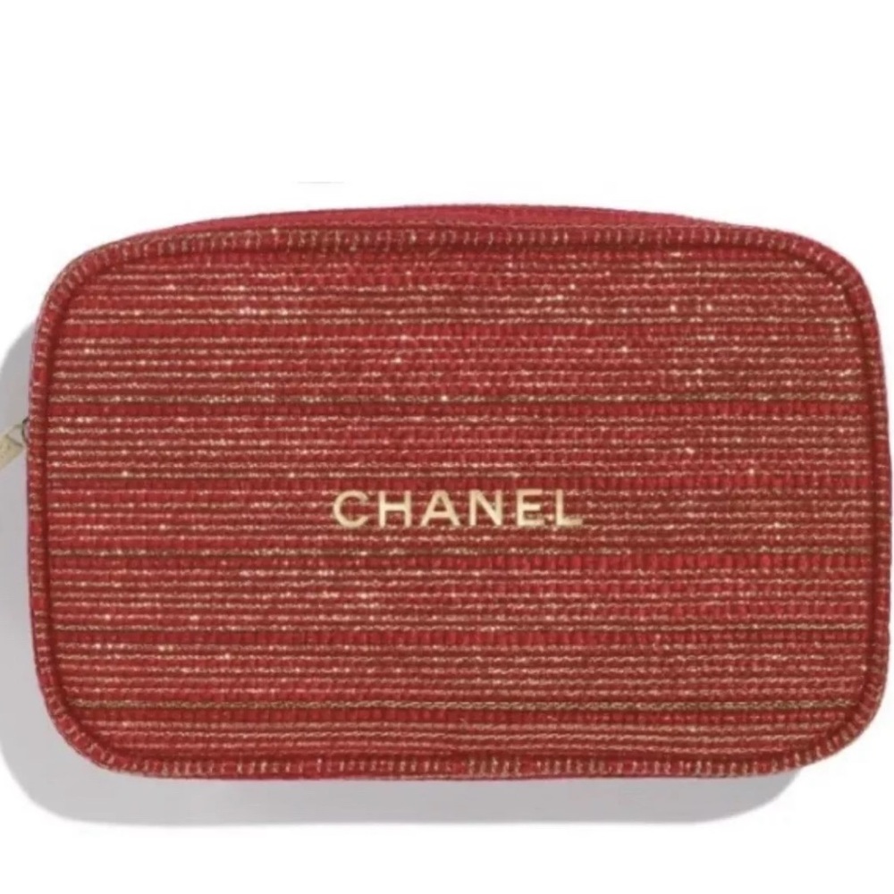 NEW Chanel 2022 Red Gold Tweed Holiday Set Makeup Bag